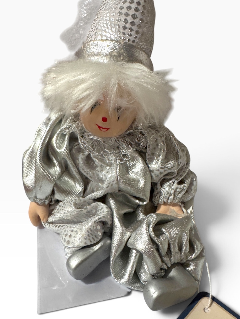Classic Treasures Silver Clown Doll with Fluffy White Hair and Metallic Outfit